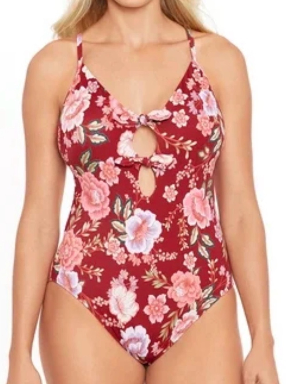 Time & Tru One Piece Swimsuit Plus 1X 16/18W Spring Vibes Brick Red Peony Floral
